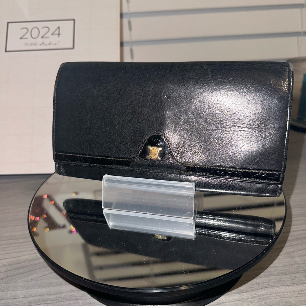CELINE Long Wallet, Black Leather with Gold Hardware + Triomphe Logo
